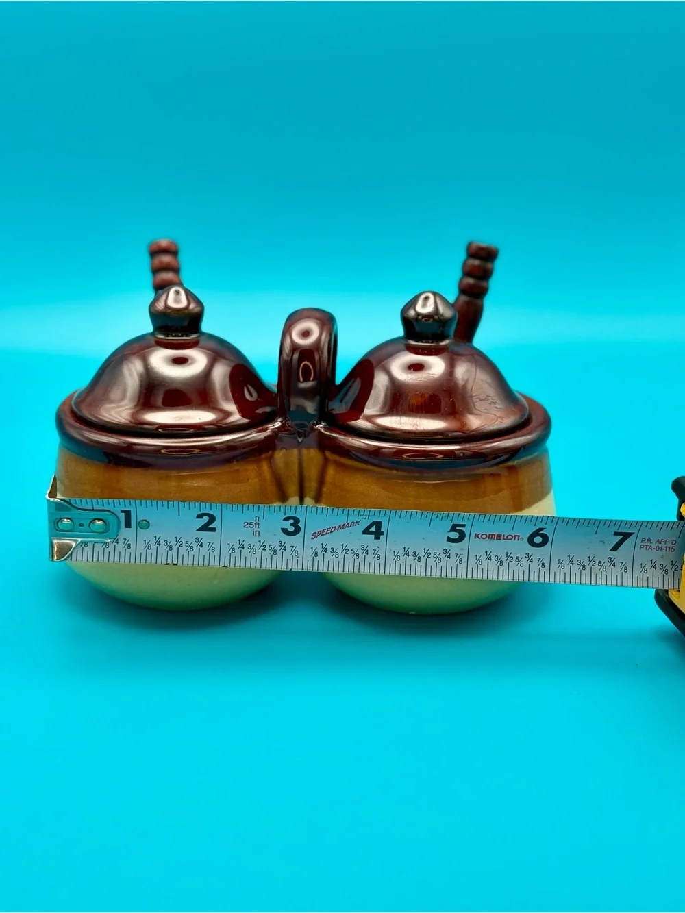 Vintage Double Condiment Pot with Spoons - Brown and Cream